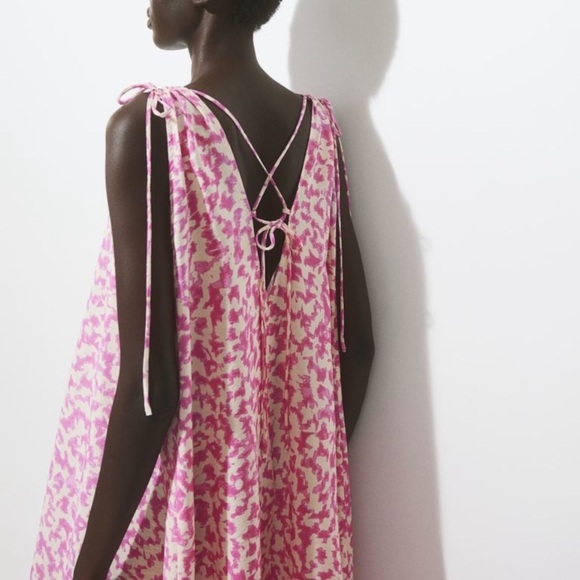 h&m tie detailed crepe v neck Maxi dress Pink Cream Loose Fit S/M - Picture 3 of 14